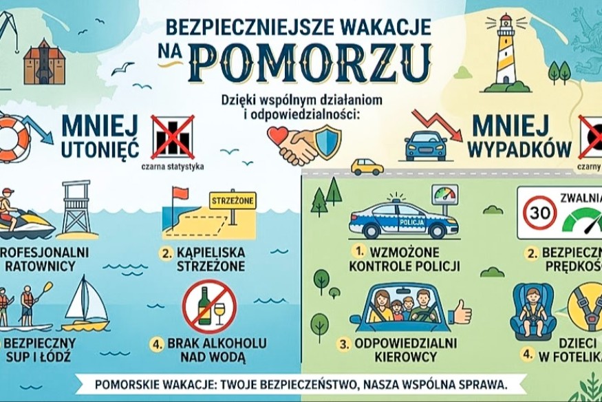 Bezpieczniejsze wakacje na Pomorzu. Mniej wypadków i utonięć